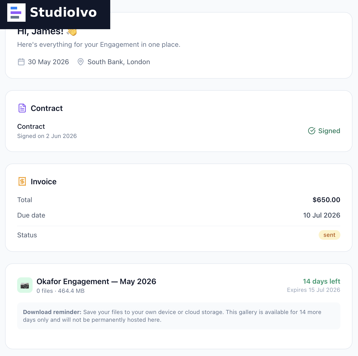 StudioIvo client portal for photography bookings — quotes, contracts and gallery access without login