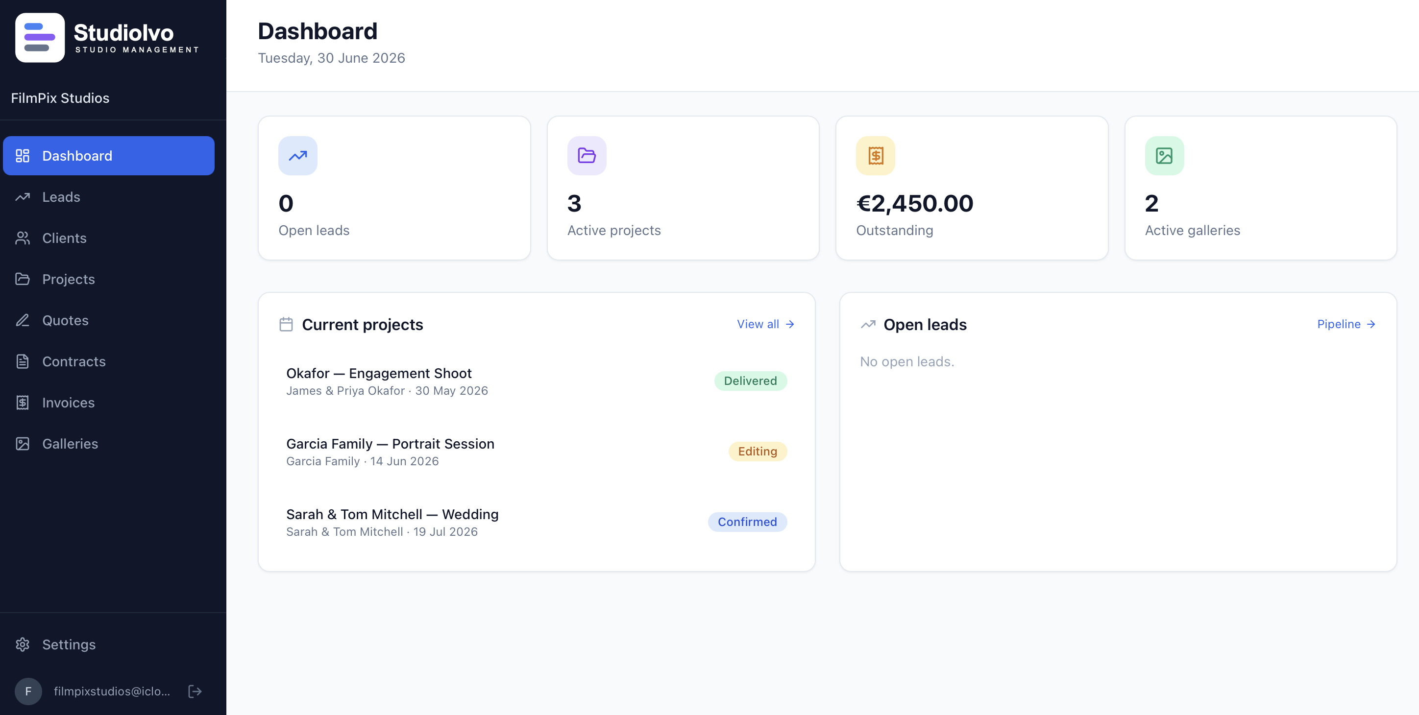 StudioIvo studio management dashboard showing leads, projects and revenue overview for photographers and videographers
