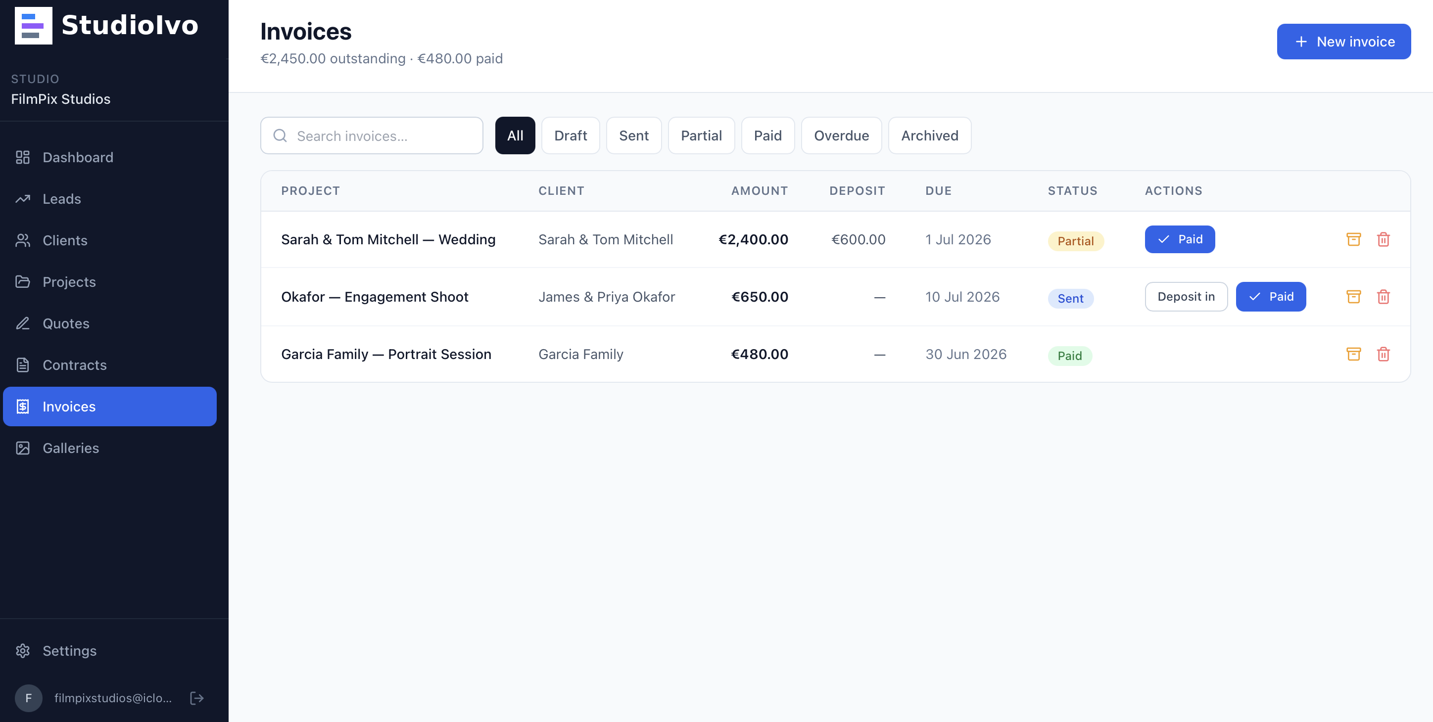 Photography invoicing and payment tracking in StudioIvo